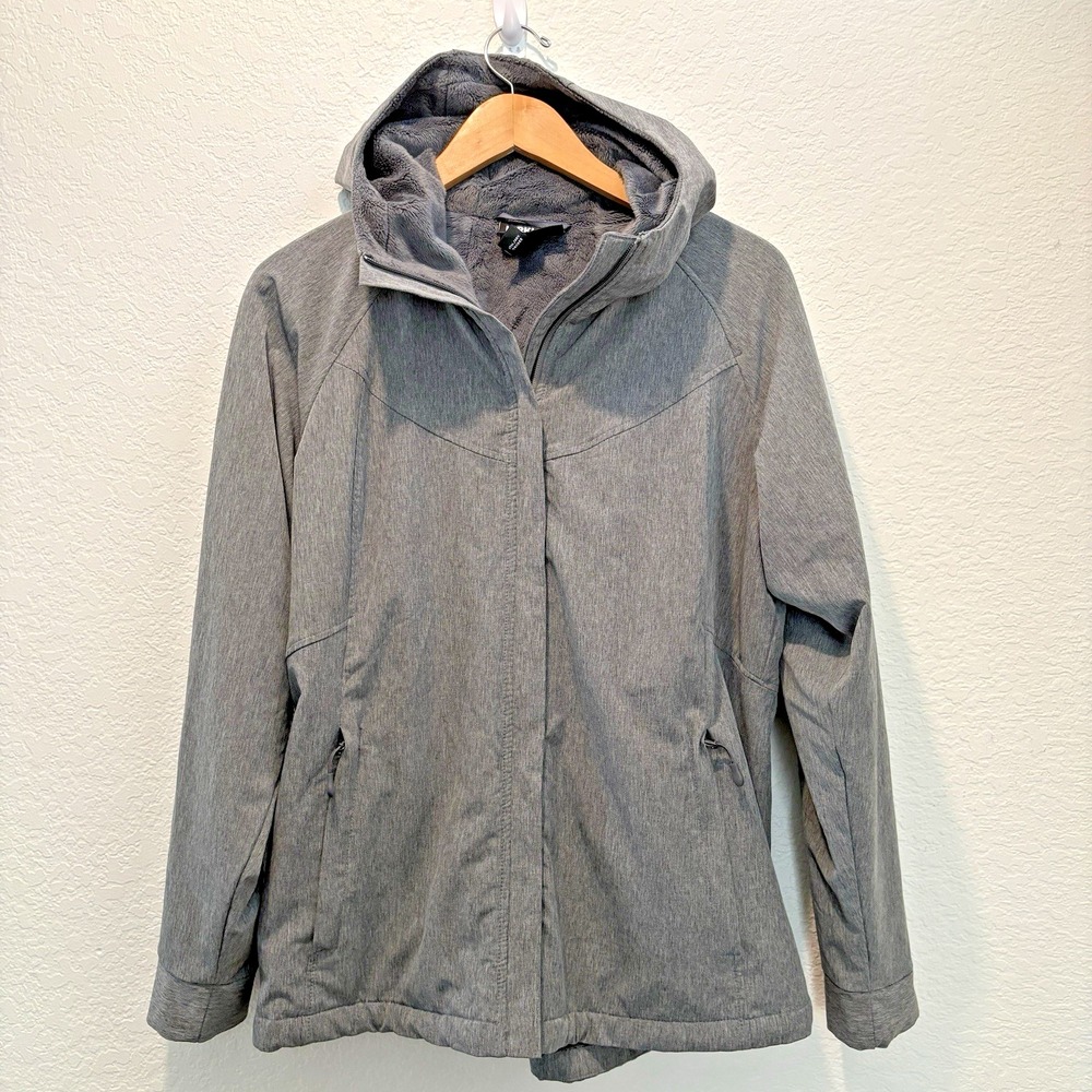 Kirkland Signature Softshell Jacket Womens Large Gray Hooded Faux Fur Lined Zip
